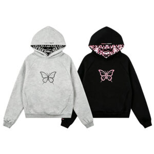 Low‑Shrink 100% Cotton Hoodie Butterfly Embroidery Contrast Printed Liner Hood Raglan Sleeve Streetwear Sweatshirt