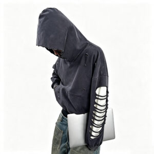 Low‑Shrink 280G 100% Cotton Washed Distressed Hoodie, Men Cropped Cutout Lace‑Up Sleeve Destroyed Hooded Sweatshirt Streetwear