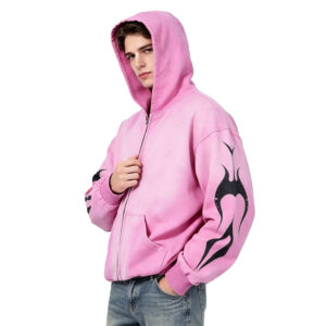 Low‑Shrink Vintage Washed Zip Up Hoodie Flame Graphic Print Oversized Cropped Full Zip Hooded Sweatshirt