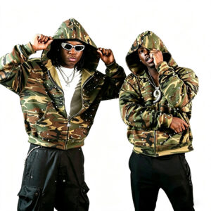 Low‑Shrink 330G Acid Wash Camo Full Zip Hoodie, All‑Over Rhinestone Oversized Streetwear Zip‑Up Hooded Jacket Unisex