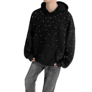 Low‑Shrink 100% Cotton Men Rhinestone Hoodie, Starry Sky Bling Oversized Drop Shoulder Pullover Hooded Sweatshirt for Street Party