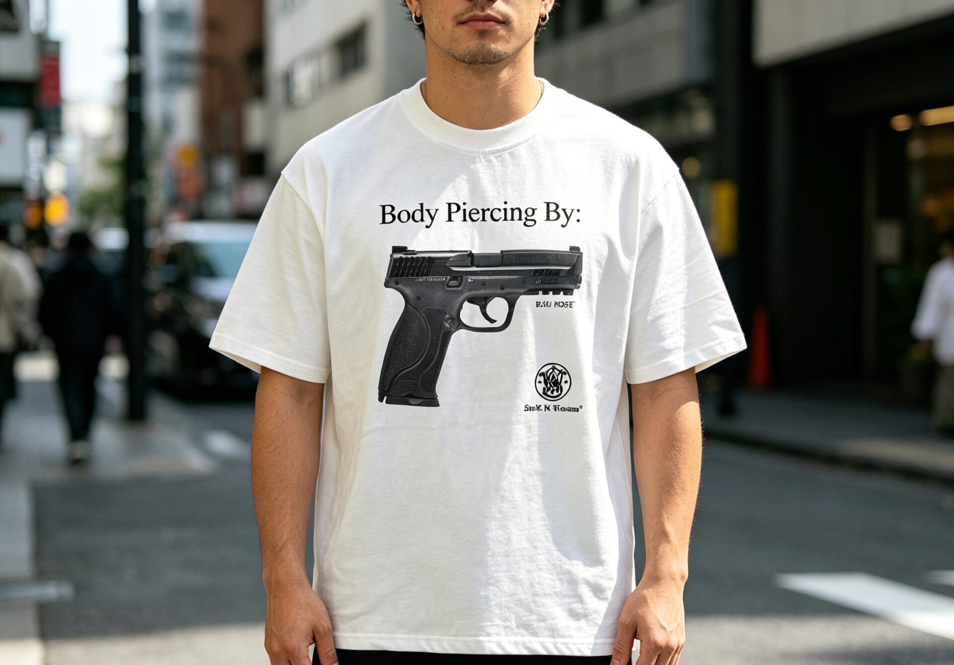 Oversized Body Piercing Gun Graphic T-Shirt, Pre-Shrunk Heavyweight Cotton Streetwear Tee, Low Shrinkage Vintage Funny Pistol Print Crew Neck Top Custom Logo Wholesale
