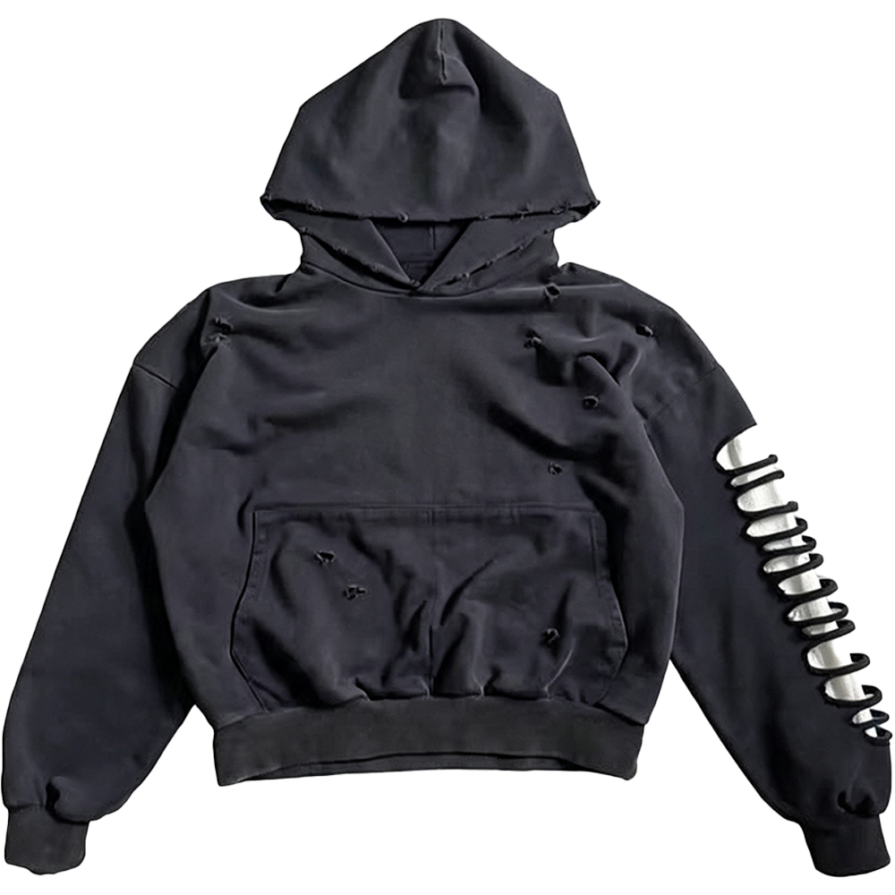 Women Distressed Destroyed Hoodie, Off White Oversized Faded Hole Sweatshirt, Lace Up Sleeve Grunge Streetwear Hooded Top - Image 2