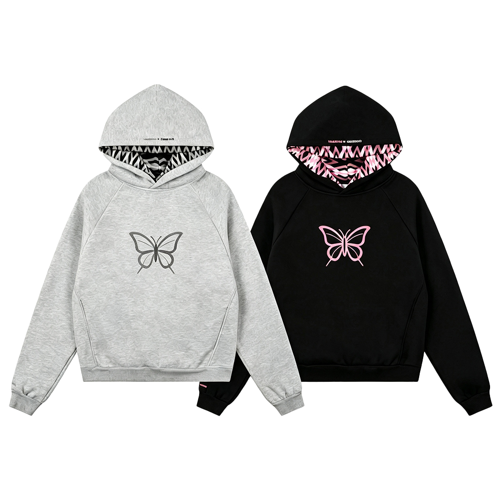 Women Butterfly Print Hoodie, Contrast Zebra Lined Hood Sweatshirt, Y2K Raglan Sleeve Pullover Hooded Top - Image 2