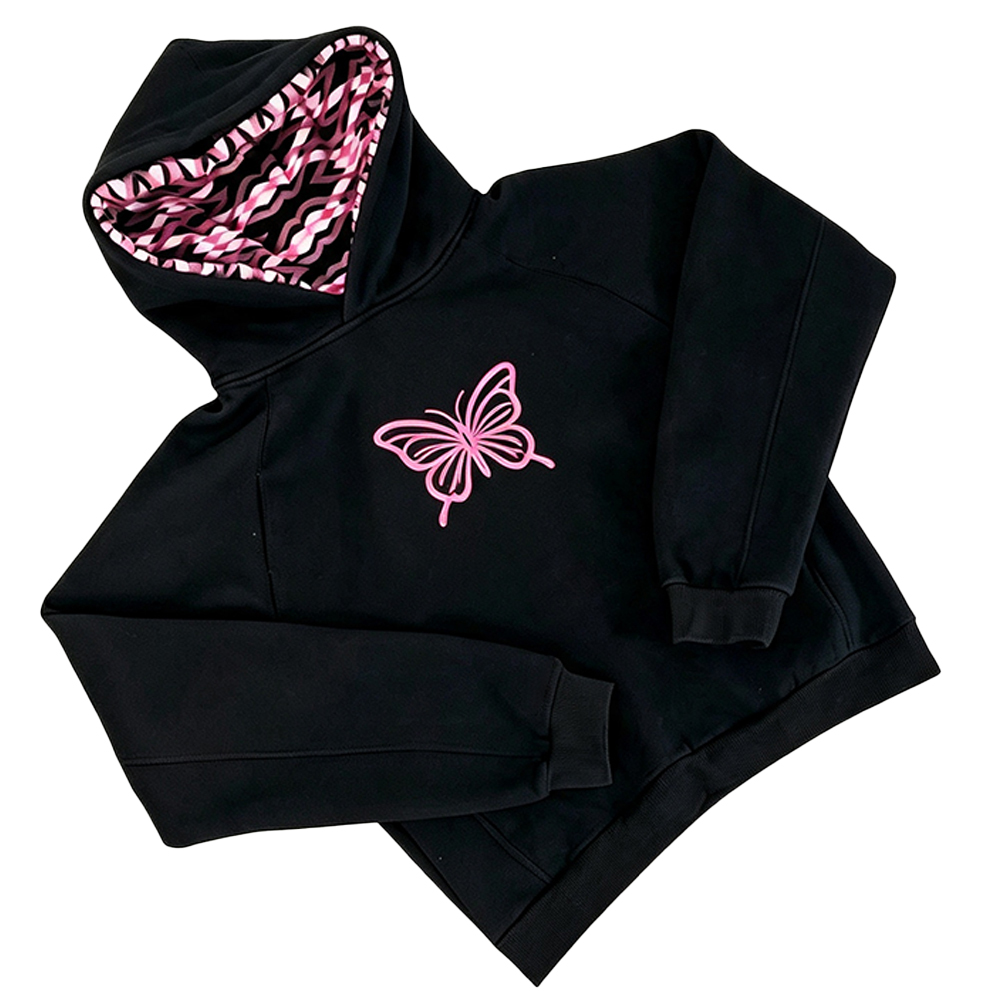 Women Butterfly Print Hoodie, Contrast Zebra Lined Hood Sweatshirt, Y2K Raglan Sleeve Pullover Hooded Top - Image 3