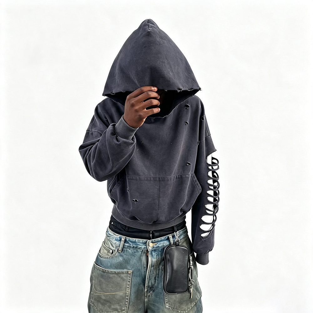 Women Distressed Destroyed Hoodie, Off White Oversized Faded Hole Sweatshirt, Lace Up Sleeve Grunge Streetwear Hooded Top - Image 4