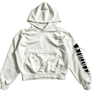 Women Distressed Destroyed Hoodie, Off White Oversized Faded Hole Sweatshirt, Lace Up Sleeve Grunge Streetwear Hooded Top