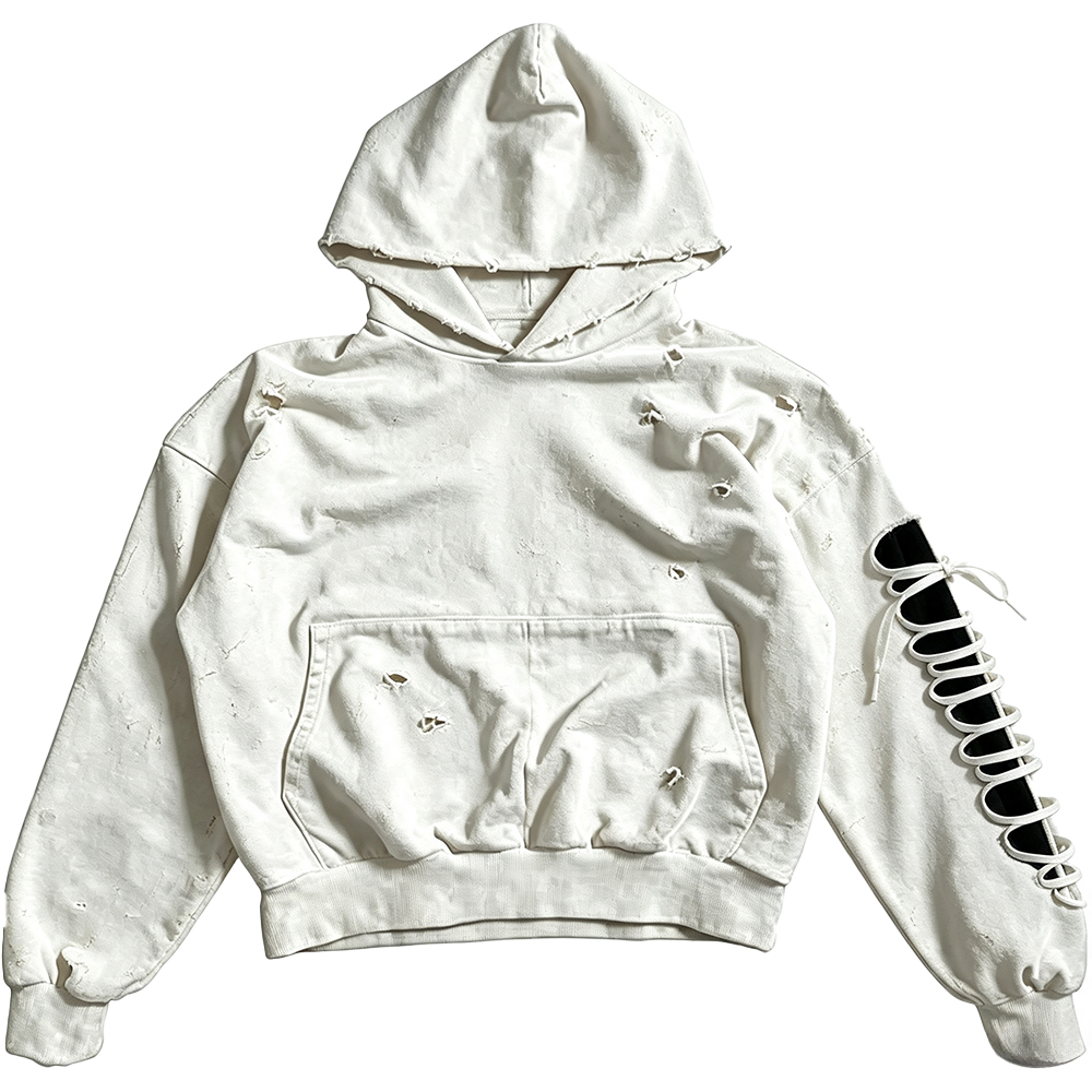 Women Distressed Destroyed Hoodie, Off White Oversized Faded Hole Sweatshirt, Lace Up Sleeve Grunge Streetwear Hooded Top