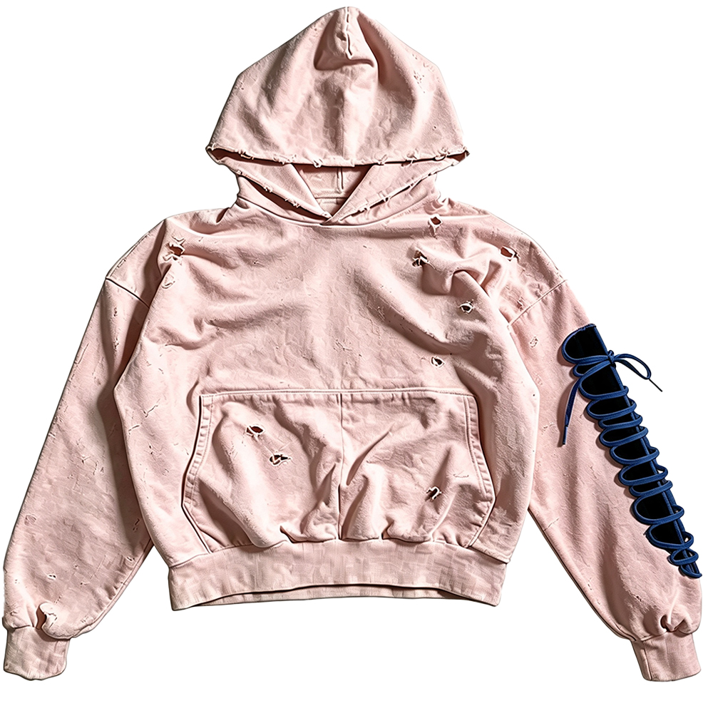 Women Distressed Destroyed Hoodie, Off White Oversized Faded Hole Sweatshirt, Lace Up Sleeve Grunge Streetwear Hooded Top - Image 5